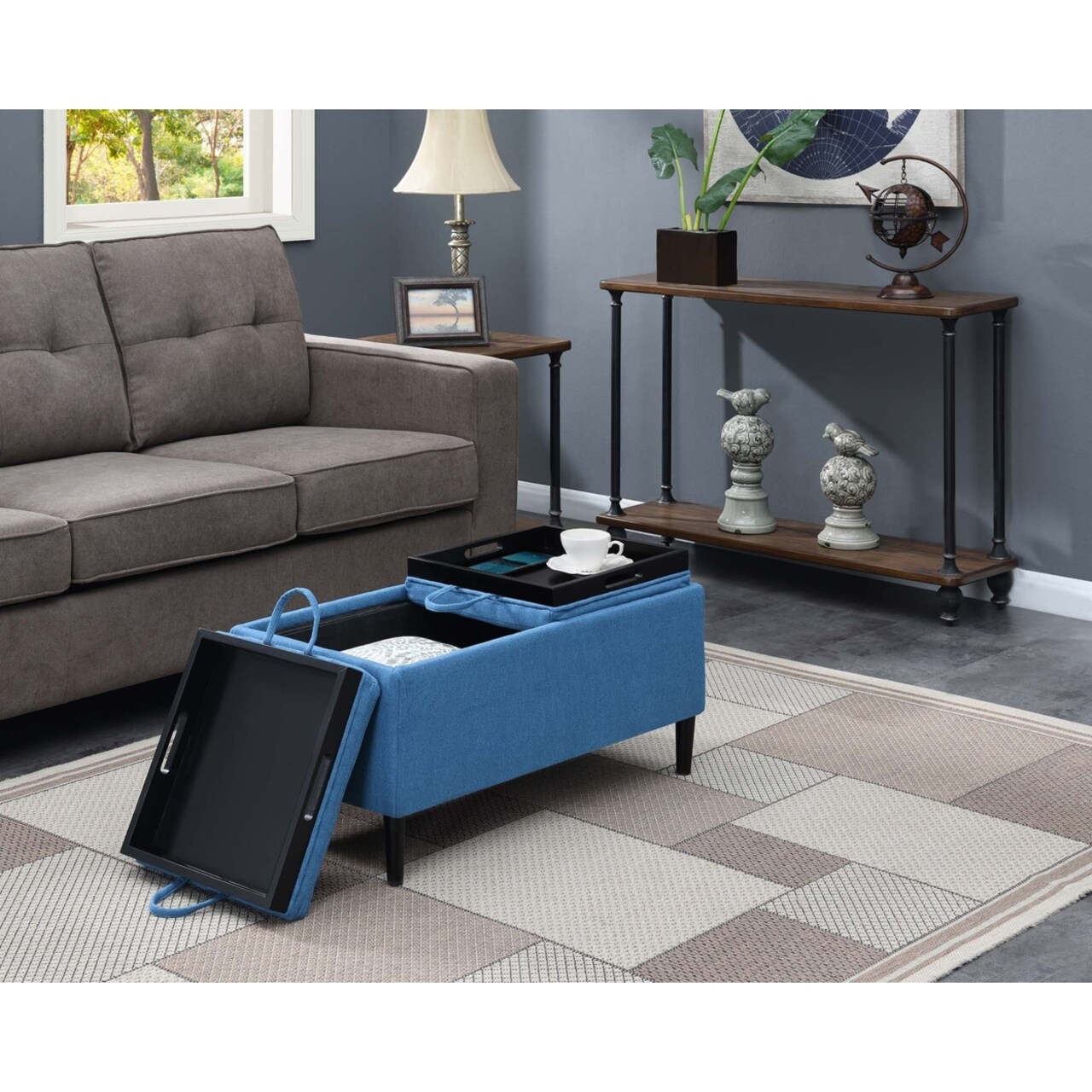 Convenience Concepts Designs4Comfort Magnolia Storage Ottoman with Trays Soft Blue Fabric